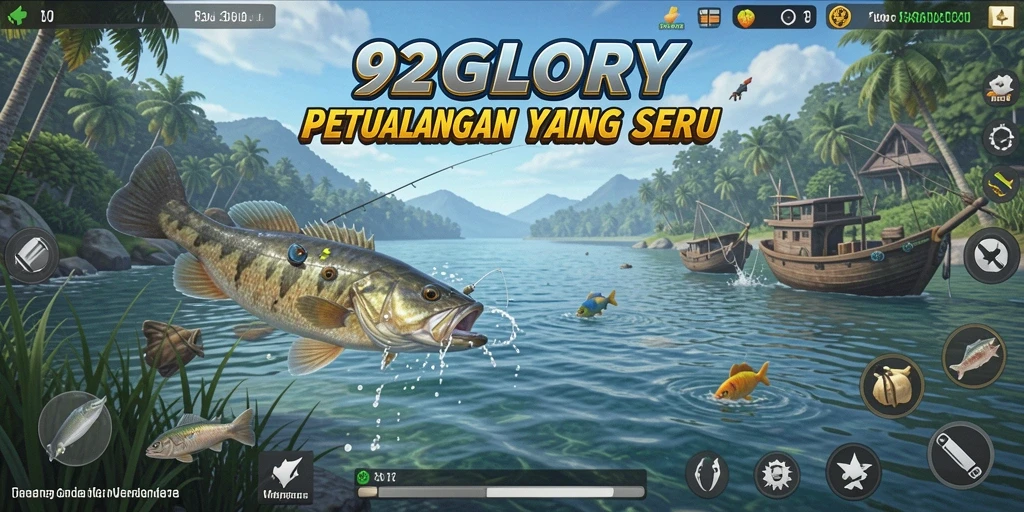 Tampilan gameplay seru dalam 92GLORY saat menangkap ikan.