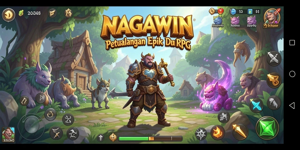 Screenshot gameplay NAGAWIN menampilkan pertarungan epik dan eksplorasi dunia yang luas.