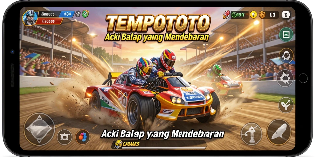 Screenshot gameplay TEMPOTOTO yang menampilkan aksi balapan yang intens.