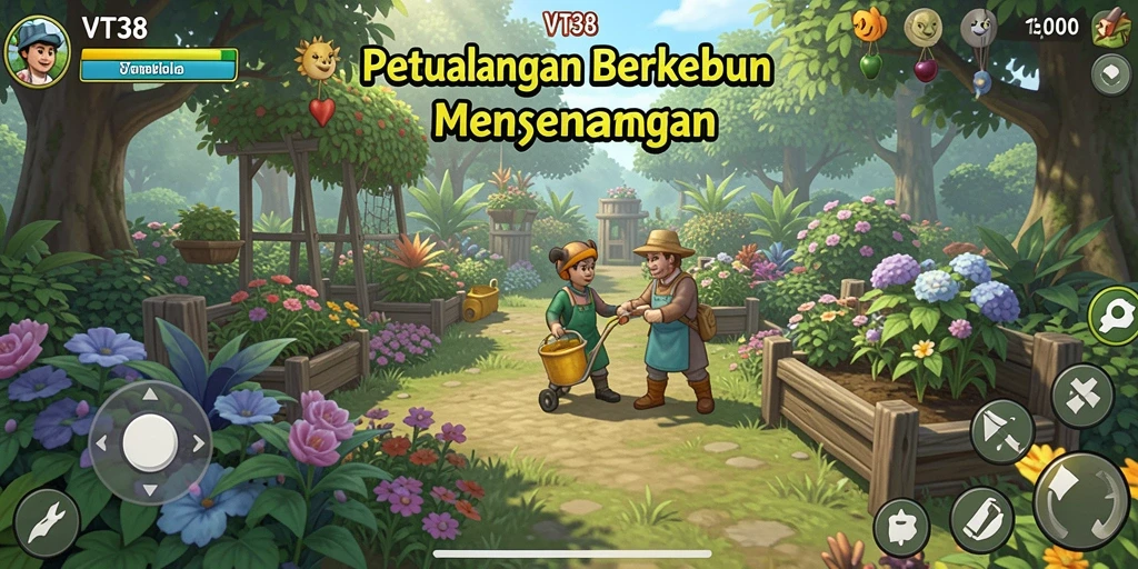 Tampilan gameplay VT38 dengan kebun yang indah dan hewan ternak.